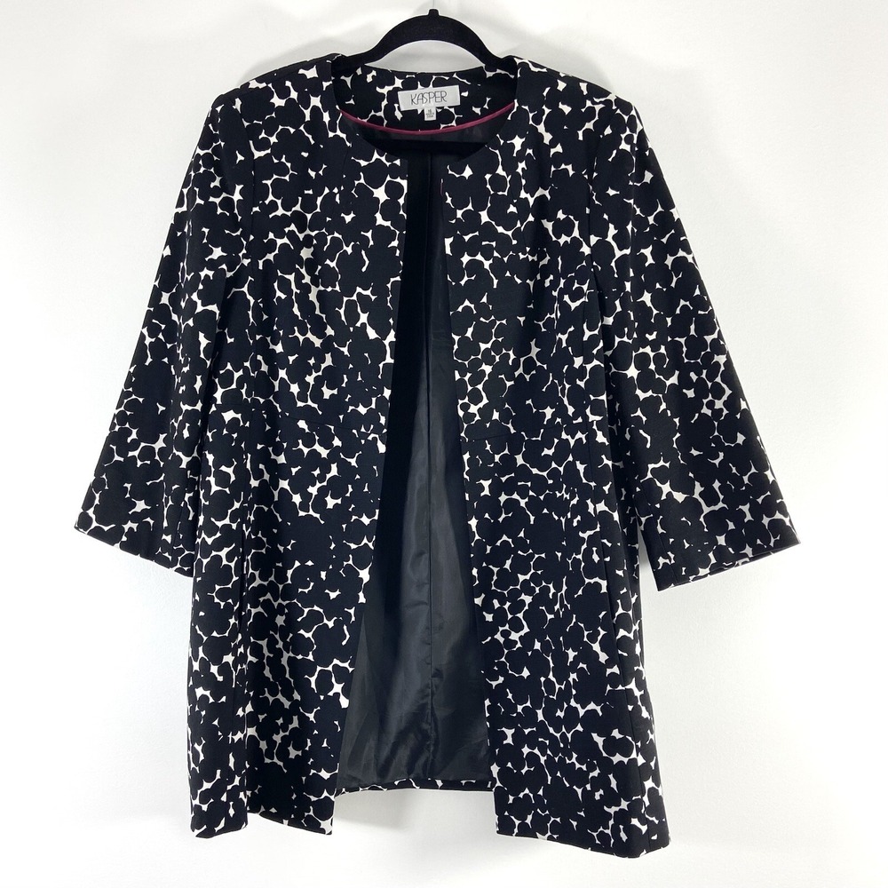 Kasper Long Jacket Women's 16 Black White Coat Long Sleeves Twill Open